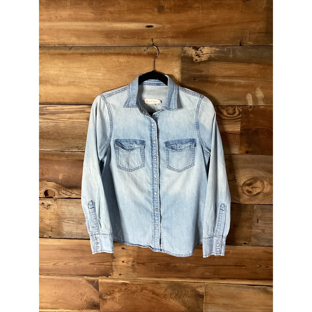 Hatch Shirt Womens S The Denim Maternity Pearl Snap Western Light Wash